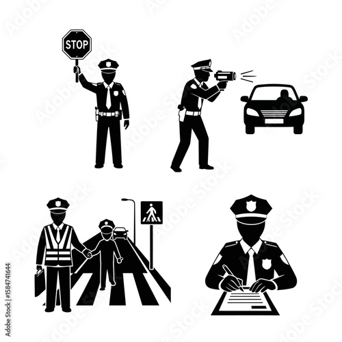Four black and white illustrations of police officers performing various duties, including directing traffic, using a megaphone, and signing documents.