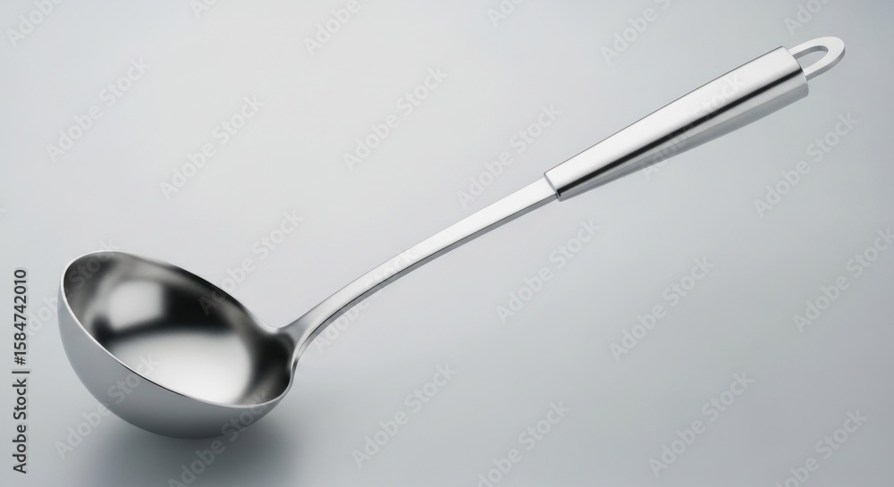 Single metal ladle against a neutral background cooking utensil Single metal ladle against a neutral background cooking utensil