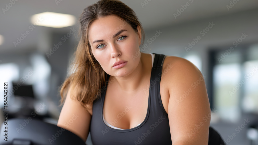 Fototapeta premium Confident woman in gym wearing black sportswear, focused on workout