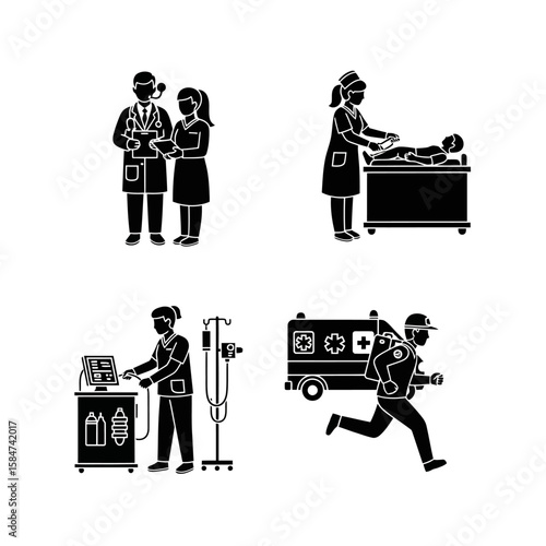 Medical personnel in various roles, including doctor, nurse, and emergency responder, depicted in a set of black and white illustrations.
