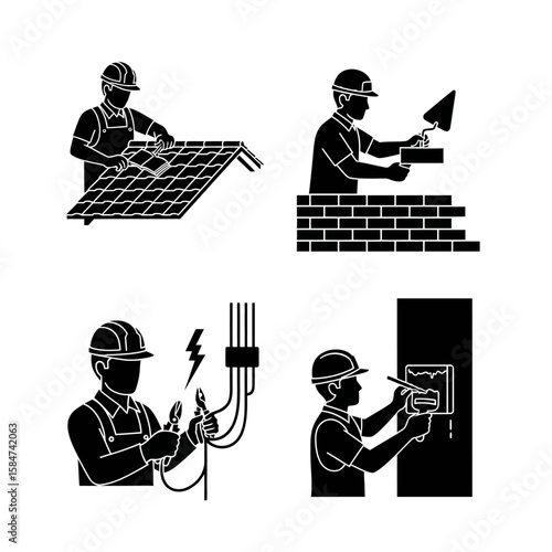 Four construction workers depicted in silhouette: installing solar panels, bricklaying, electrical work, and plastering.