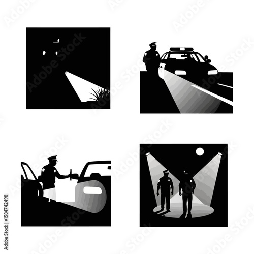 Four illustrations depict police officers and vehicles in various scenarios, highlighted by car headlights and spotlights.