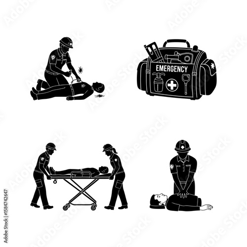 Emergency medical technicians providing first aid and patient transport.