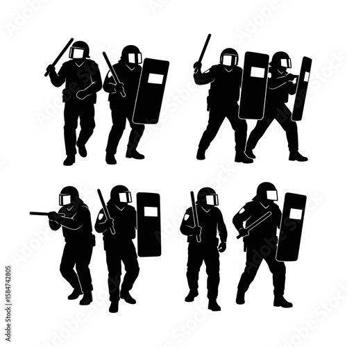 Riot police silhouettes demonstrating various tactical formations and equipment.