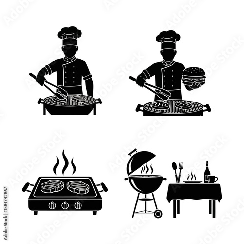 Four black and white icons depicting various stages of grilling and outdoor cooking, featuring chefs and different cooking appliances.