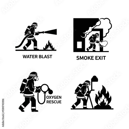 Firefighter safety procedures: water blast, smoke evacuation, oxygen rescue, and fire assessment.