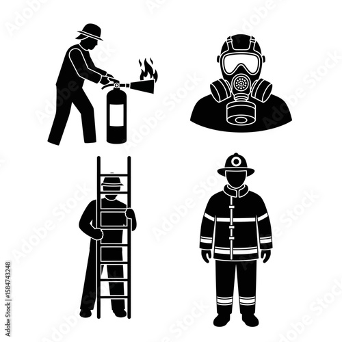 Silhouetted illustrations of firefighters demonstrating fire safety and rescue procedures.