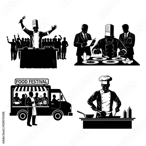Silhouette illustrations depict culinary events: a chef celebrating, a judging panel, a food truck, and a chef cooking.