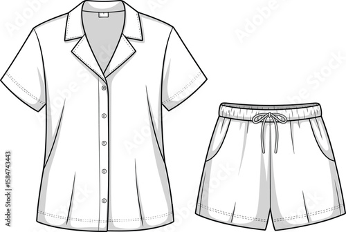 Short sleeve pajama set front view, shirt and shorts vector CAD sketch for sleepwear fashion flat design and illustration