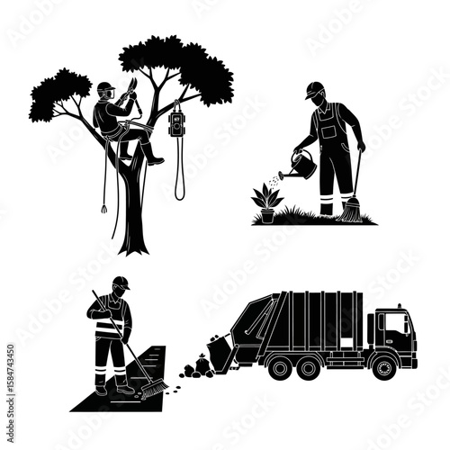 Silhouetted illustrations depicting a tree trimmer, a gardener watering plants, a street cleaner, and a garbage truck.