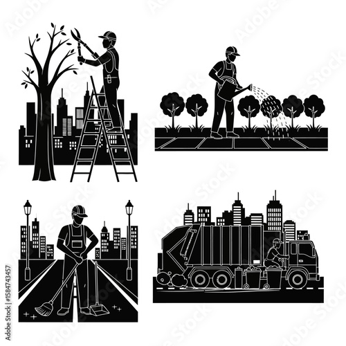 Urban maintenance workers performing various tasks, including pruning trees, watering plants, sweeping streets, and collecting garbage.