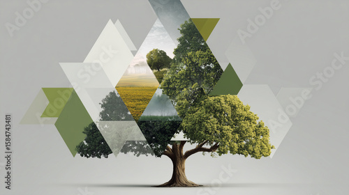 An abstract image of a tree made of geometric shapes, with parts of the tree being shaded in green, symbolizing the relationship between nature and sustainability