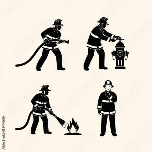 Firefighters in action: using a hose, connecting to a hydrant, and extinguishing a fire.