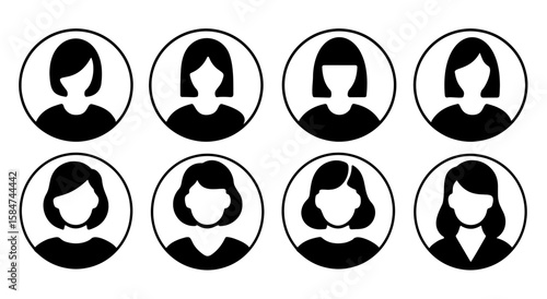 Minimalist Female User Avatar Icon Set with Various Hairstyles
