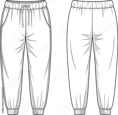 Front and back jogger pants vector template with wrinkles, technical flat sketch, fashion CAD drawing, casualwear design for illustration use