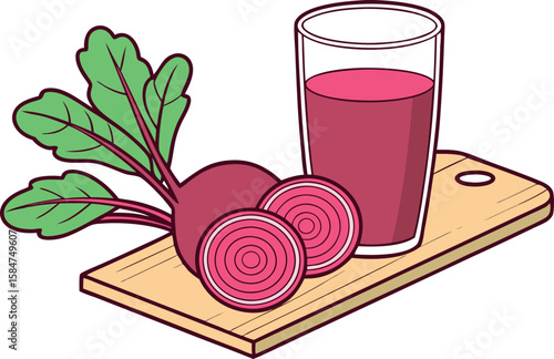 Beetroot Juice Glass with Beet Slices and Leaves on Cutting Board