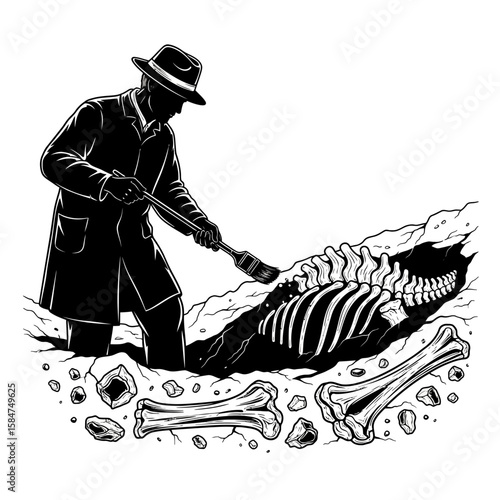 Silhouette of an archaeologist excavating a fossilized skeleton from the earth.
