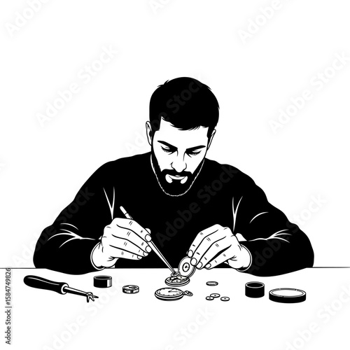 A bearded watchmaker meticulously repairs a timepiece, surrounded by tools and small watch parts on a workbench.
