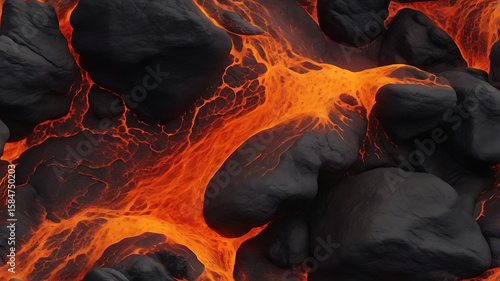 Volcanic lava flow abstract with molten orange and red gradients against charcoal black, featuring ember particles and heat distortion effects