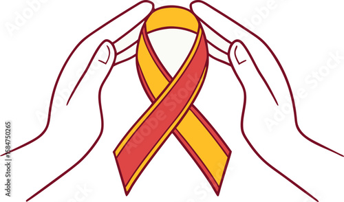 Hands Holding Red and Yellow Awareness Ribbon Illustration