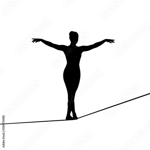 Silhouette of a woman gracefully balancing on a taut wire, arms outstretched for equilibrium.