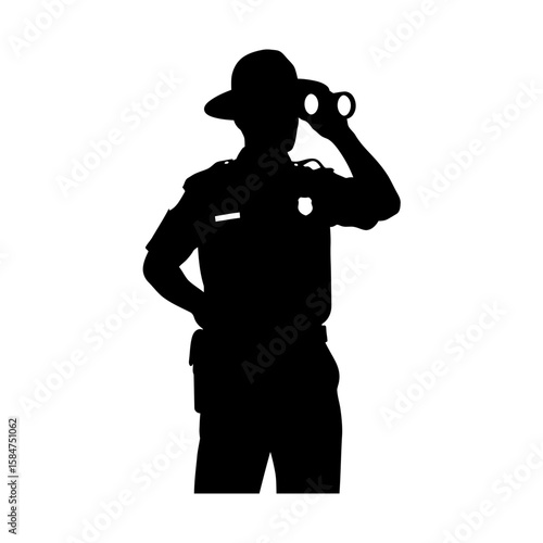 Silhouette of a park ranger using binoculars, standing alert.
