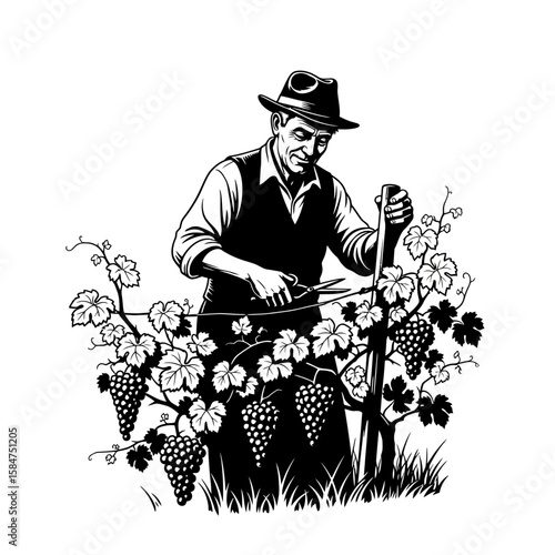 A vintner meticulously prunes a grapevine laden with ripening fruit.