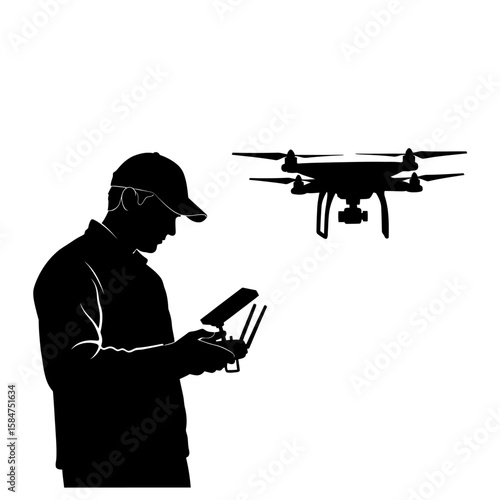 Silhouette of a man operating a drone with a remote control, the drone is hovering in the air.