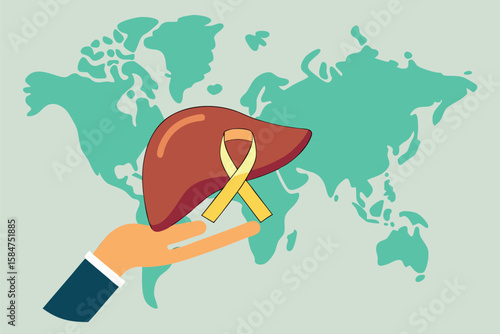Liver organ with yellow awareness ribbon on hand against world map
