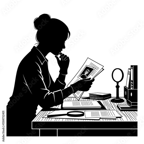 Silhouette of a woman at a desk, reviewing documents and a photograph with a magnifying glass nearby.