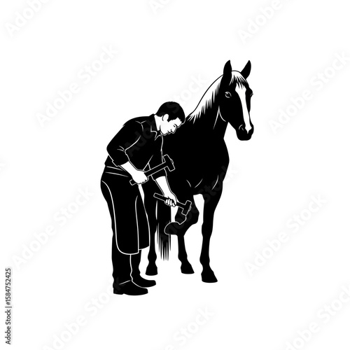 Farrier shoeing a horse, black and white illustration, equine care, craftsmanship.