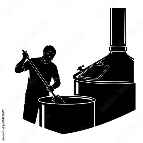 Silhouette illustration of a man stirring a large vat next to brewing equipment.