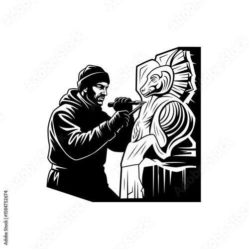 A focused sculptor meticulously chisels a stone statue, showcasing his skill and dedication to his craft.