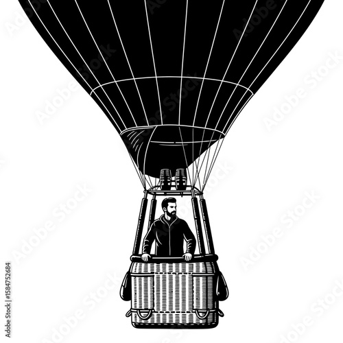 A monochrome illustration of a man piloting a hot air balloon, looking ahead.