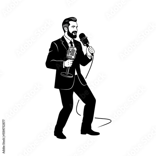 A stylishly illustrated man, bearded and in a suit, passionately speaks into two microphones.