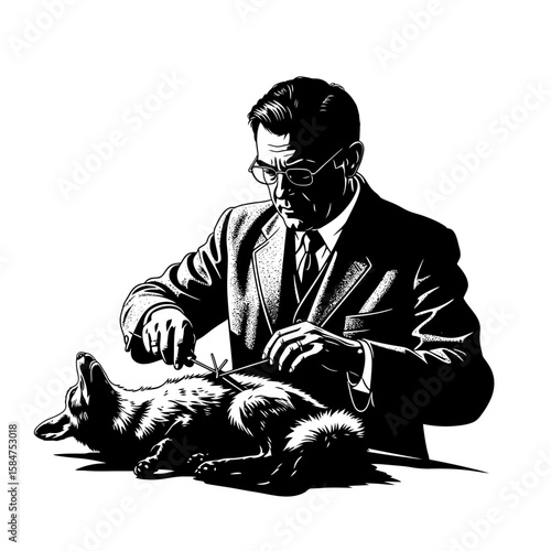 A man in a suit meticulously dissects a deceased fox on a table, a stark black and white illustration.