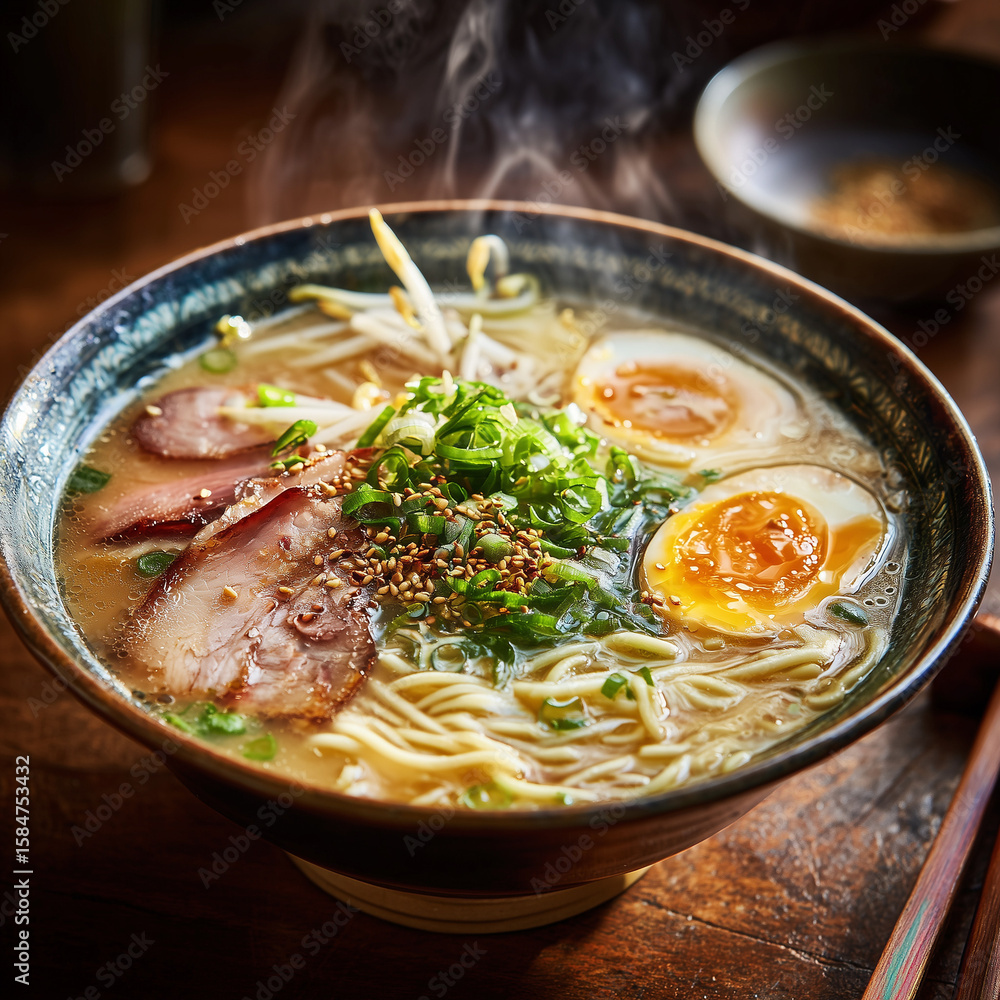 Japanese Cuisine: Ramen Noodles - Steaming Hot Broth - ajitama and charsiu toppings Japanese Cuisine: Ramen Noodles - Steaming Hot Broth - ajitama and charsiu toppings