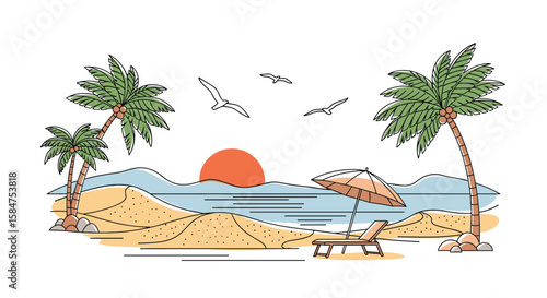 Serene Tropical Beach Scene with Palm Trees Gentle Waves and a Relaxing Lounge Chair Under an Umbrella as the Sun Sets