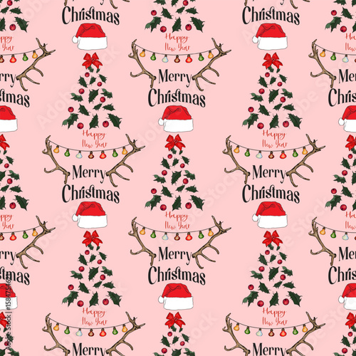 Festive Reindeer Antler and Tree Seamless Design. Christmas Greeting Pattern with Tree and Decorations