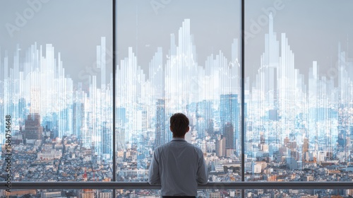 A businessman looking out over a futuristic cityscape through large windows, envisioning opportunities.