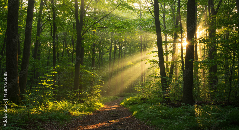 Obraz premium A breathtaking forest landscape featuring lush green trees, sunlight filtering through the leaves, and a peaceful, natural atmosphere. Perfect for themes related to nature’s beauty, eco-tourism, outdo
