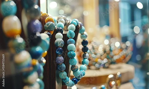 Showcase of handcrafted beaded bracelets displayed behind shop glass window
