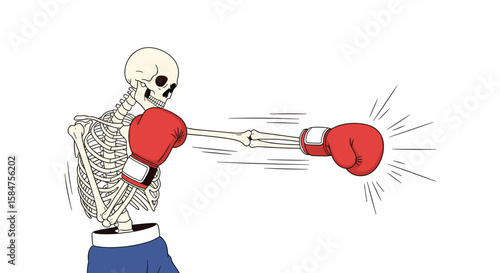 Skeleton boxer training with red gloves demonstrating effective punching technique during a sport workout for fighting