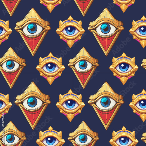 WebSeamless mystical pattern featuring golden all-seeing eyes within geometric triangle frames on a navy background

