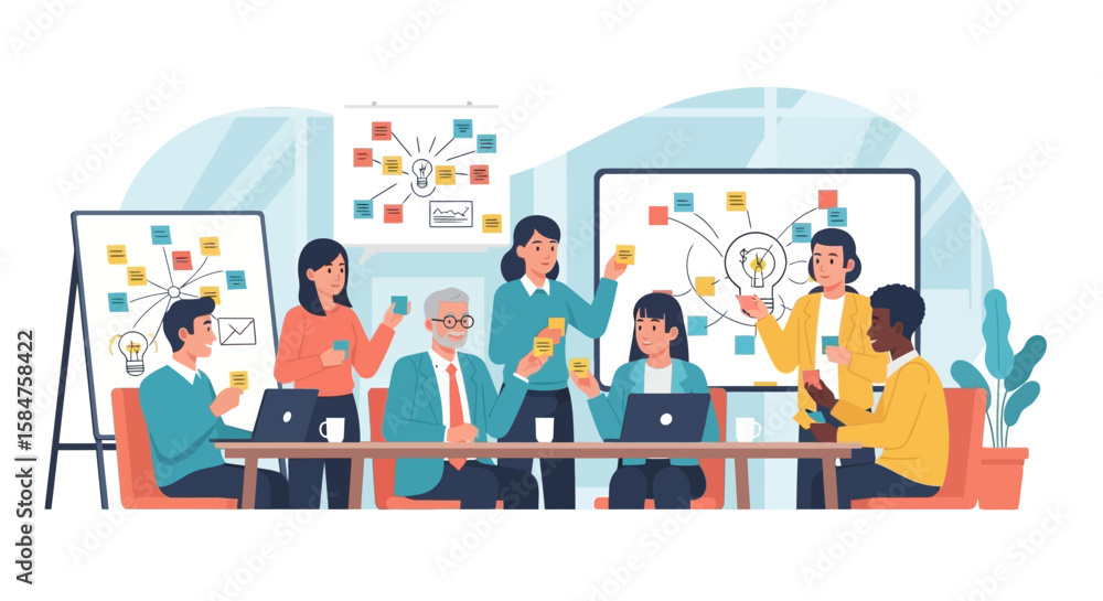 Diverse Team Brainstorming Ideas with Sticky Notes in a Modern Office Setting.