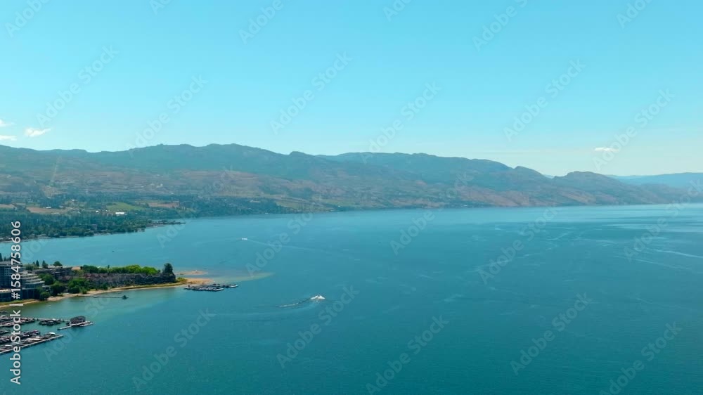 Wake boat surf boat driving sunny day aerial drone slow motion Wake boat surf boat driving sunny day aerial drone slow motion