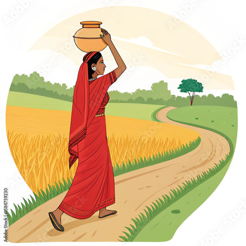 Traditional Village Life — Woman Carrying Water Pot Through Golden Paddy Fields