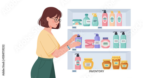 Woman Inspecting Shelved Inventory of Cosmetic Products in a Store.