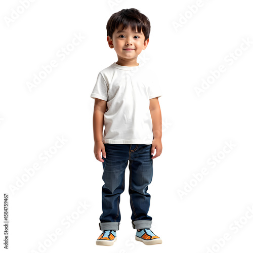 A young boy stands wearing a white shirt and blue shorts isolated on transparent background