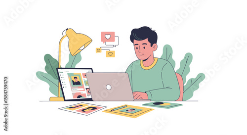 Young Man Working on Laptop with Desk Lamp and Social Media Icons.
